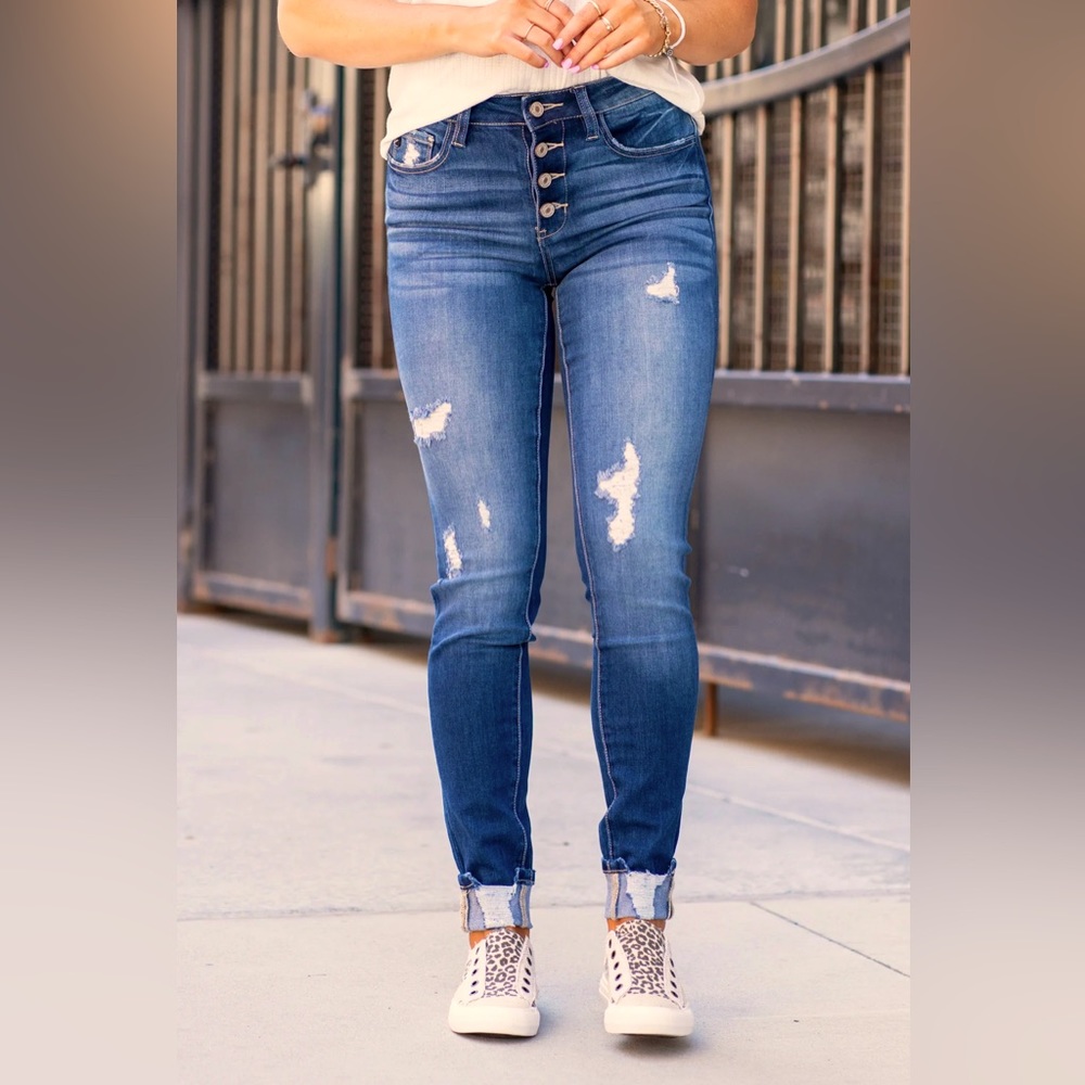 KanCan High Rise Button Fly Distresses Skinny Jeans